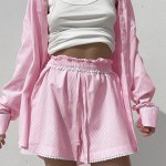 bornladies 2026 spring summer new cotton shirt set striped long sleeve shirt fashion casual lace short shorts Bornladies 2026 Spring Summer New Cotton Shirt Set Striped Long Sleeve Shirt Fashion Casual Lace Short Shorts 1