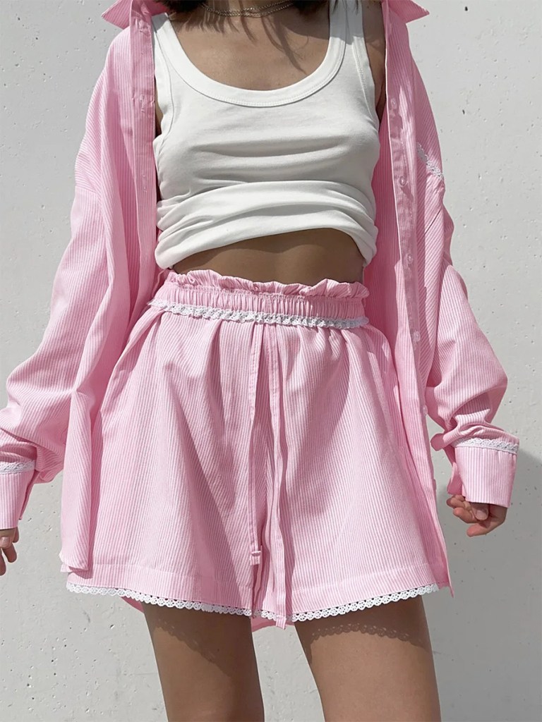 bornladies 2026 spring summer new cotton shirt set striped long sleeve shirt fashion casual lace short shorts Bornladies 2026 Spring Summer New Cotton Shirt Set Striped Long Sleeve Shirt Fashion Casual Lace Short Shorts 1