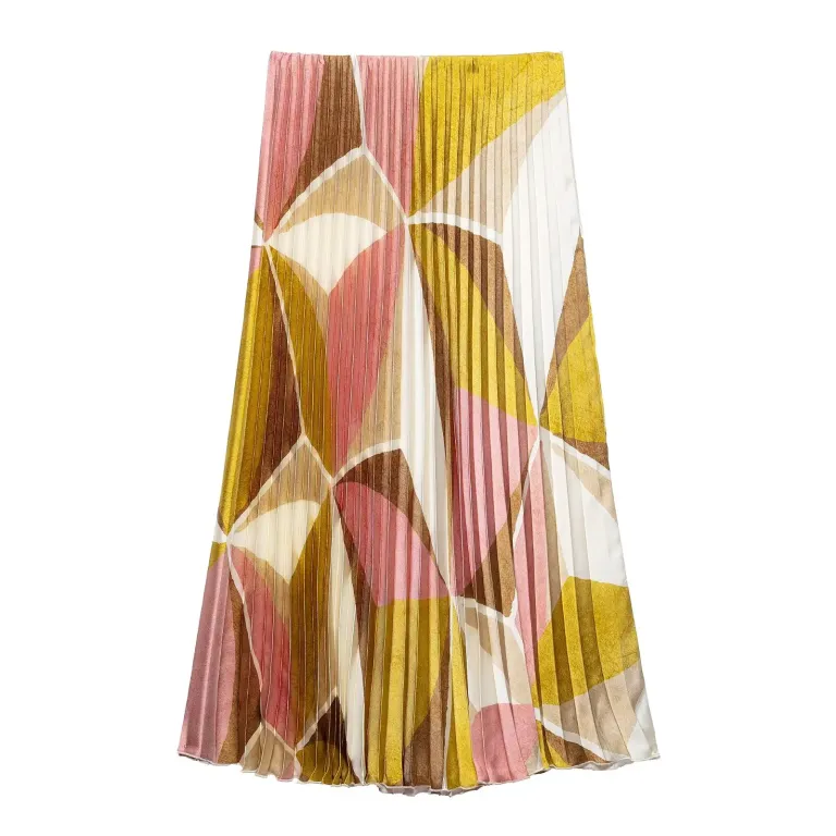 women fashion cotrast color geometric print casual pleated skirt faldas mujer female summer elastic waist midi skirts qun9174 Women Fashion Cotrast Color Geometric Print Casual Pleated Skirt Faldas Mujer Female Summer Elastic Waist Midi Skirts QUN9174