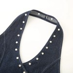 Zevity 2025 Women Vintage Rivet Design V Neck Denim Halter Blouse Femme Chic Backless Elastic Vest Shirt Slim Blusas Tops LS9434 3