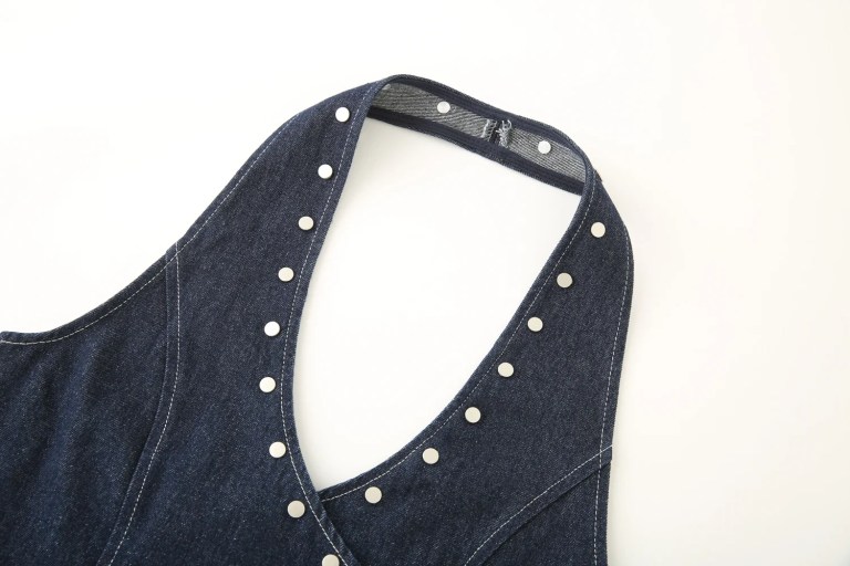 Zevity 2025 Women Vintage Rivet Design V Neck Denim Halter Blouse Femme Chic Backless Elastic Vest Shirt Slim Blusas Tops LS9434 3
