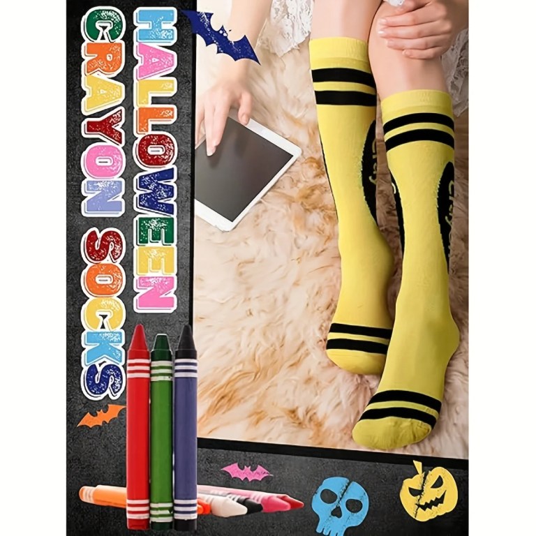 1 Pair of Socks with Random Colors, Football Socks, Sports Socks, Basketball Socks, Pure Cotton, Sweat-Absorbent, Breathable, Odor-Free, Crayon Socks, Colorful Striped Over-The-Knee Socks, Fashionable and Novel, Soft and Snug, Women's Socks, Sock Accessories, Costume Party Props, Long Tube Calf Socks 3