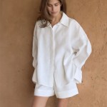 bornladies women's casual two piece fashionable button down basic long sleeved top and shorts set suitable for daily wear Bornladies Women's Casual Two-piece Fashionable Button Down Basic Long Sleeved Top and Shorts Set Suitable for Daily Wear 1