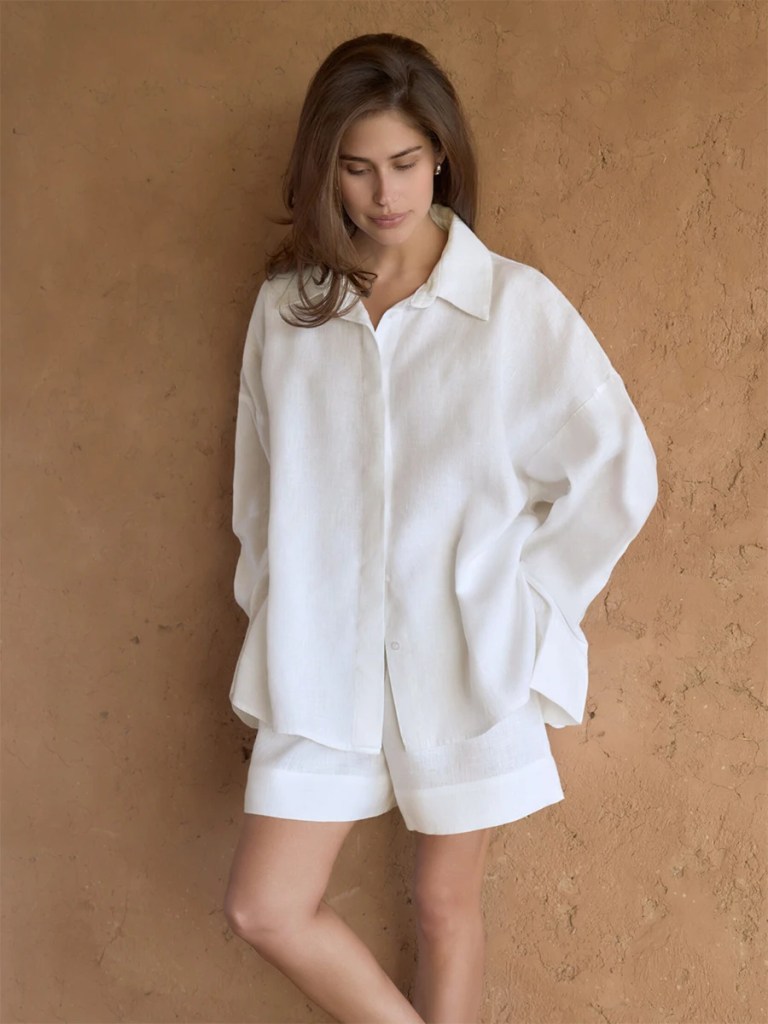 bornladies women's casual two piece fashionable button down basic long sleeved top and shorts set suitable for daily wear Bornladies Women's Casual Two-piece Fashionable Button Down Basic Long Sleeved Top and Shorts Set Suitable for Daily Wear 1