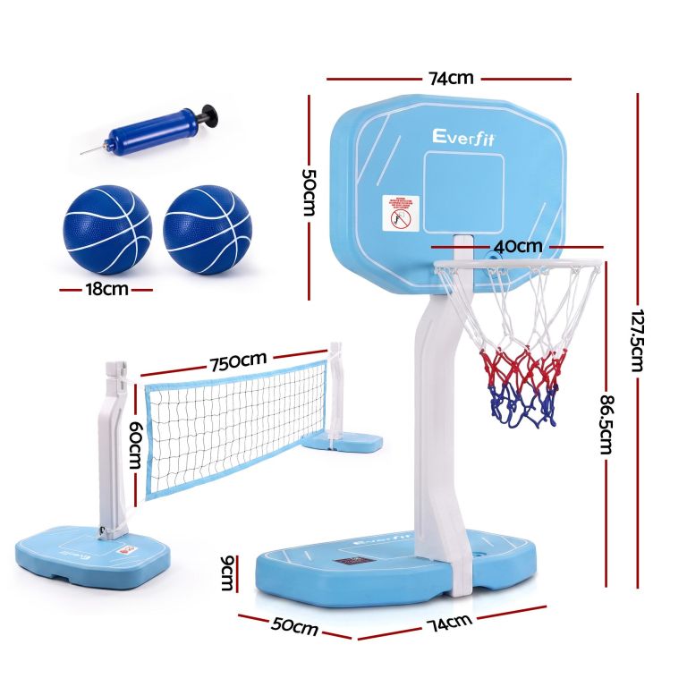 everfit 2 in 1 pool basketball hoop volleyball net set water sports game combo weighted base blue