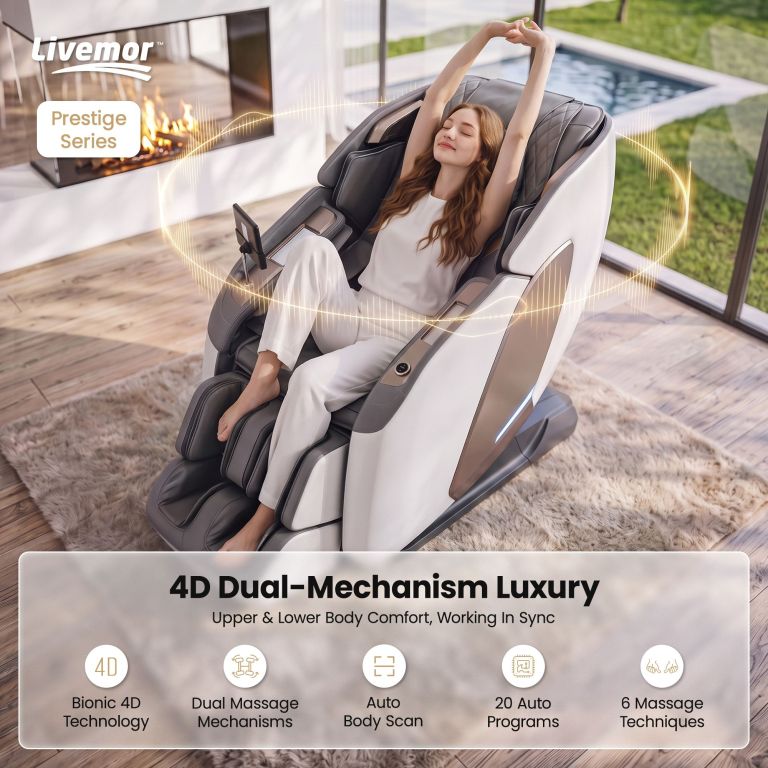 livemor prestige 4d dual mechanism massage chair, full body zero gravity recliner with extended sl track, body scan, air compression, waist heating, foot rollers, voice control & wireless charging