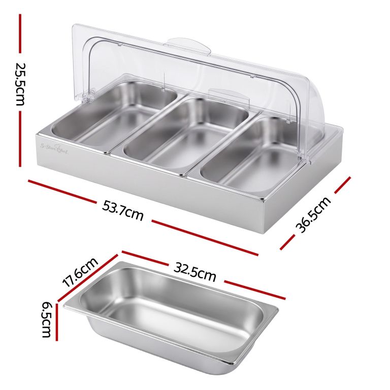 5 star chef 3 pan food serving display stainless steel with clear roll top cover