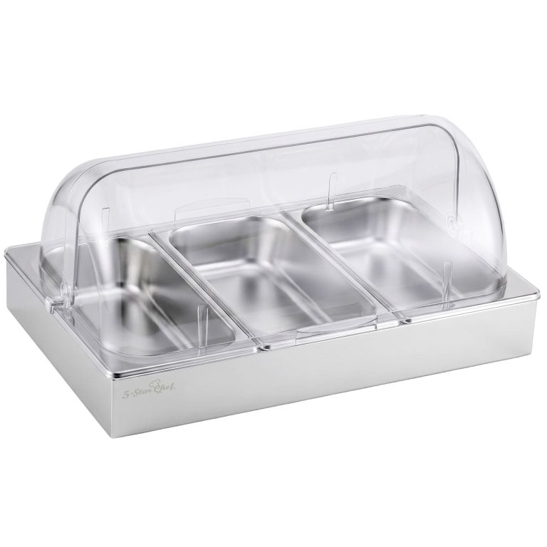 5 star chef 3 pan food serving display stainless steel with clear roll top cover