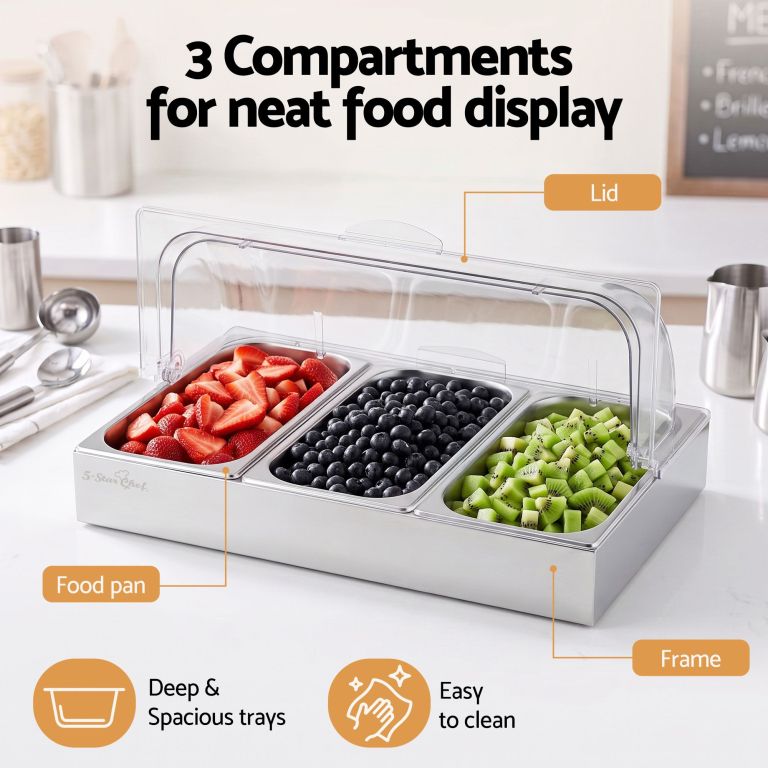 5 star chef 3 pan food serving display stainless steel with clear roll top cover
