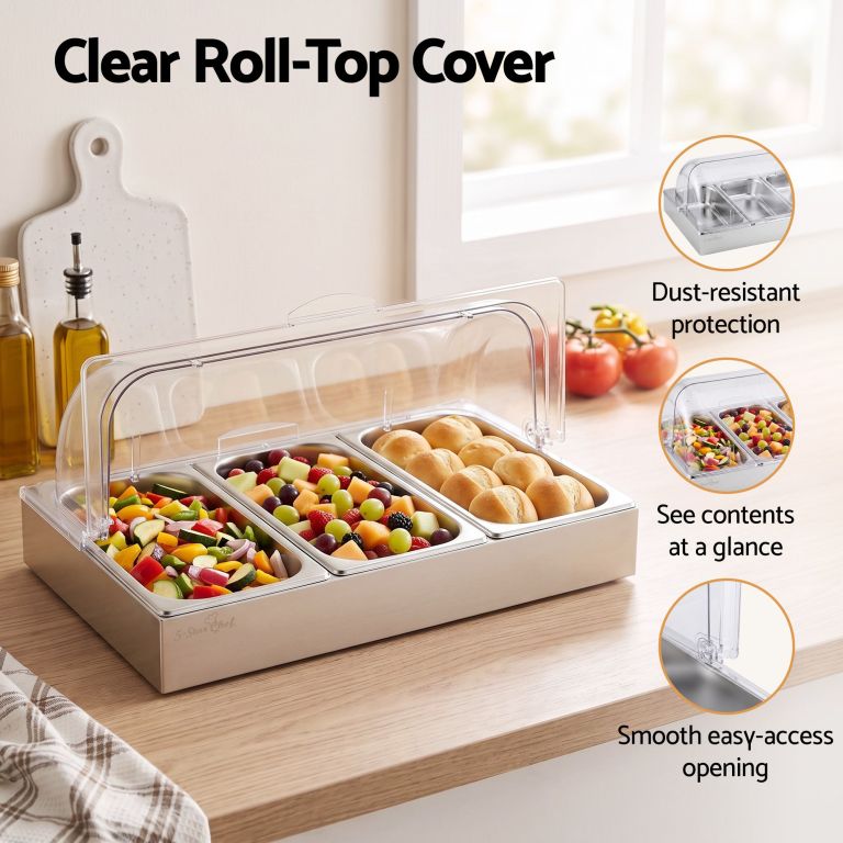 5 star chef 3 pan food serving display stainless steel with clear roll top cover