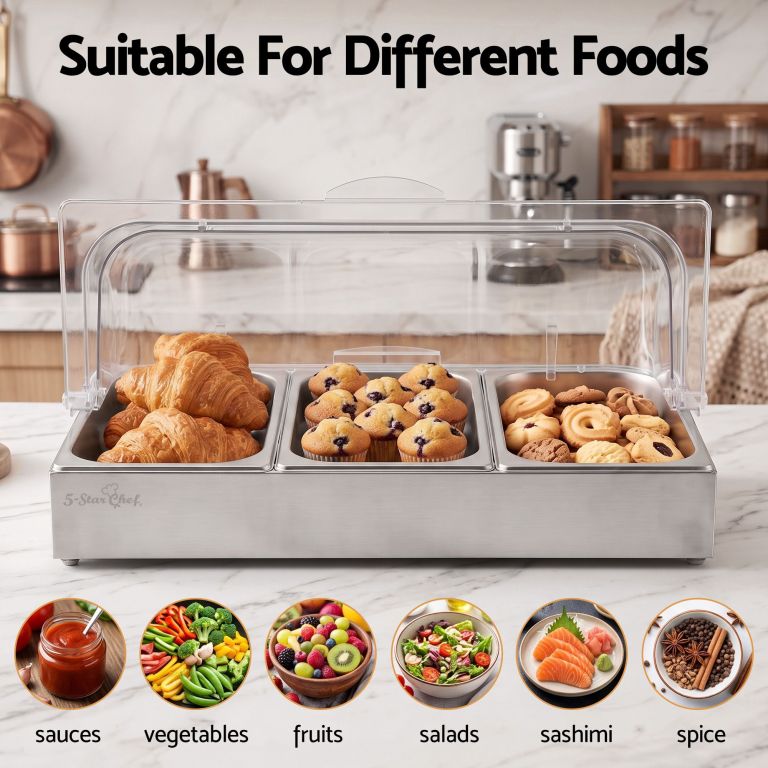 5 star chef 3 pan food serving display stainless steel with clear roll top cover