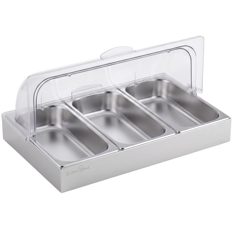 5 star chef 3 pan food serving display stainless steel with clear roll top cover