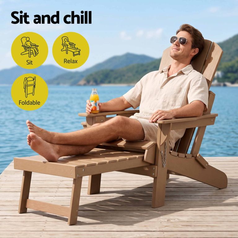 gardeon folding sun lounger adirondack chair outdoor lounge setting hdpe recliner footrest khaki gardeon folding sun lounger adirondack chair outdoor lounge setting hdpe recliner footrest khaki