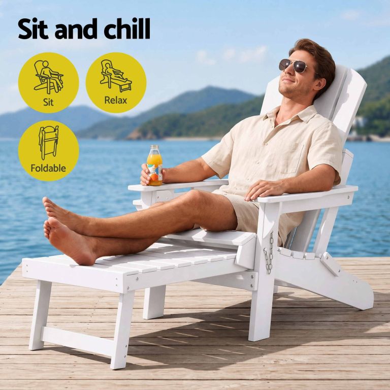 gardeon folding sun lounger adirondack chair outdoor lounge setting hdpe recliner footrest white gardeon folding sun lounger adirondack chair outdoor lounge setting hdpe recliner footrest white