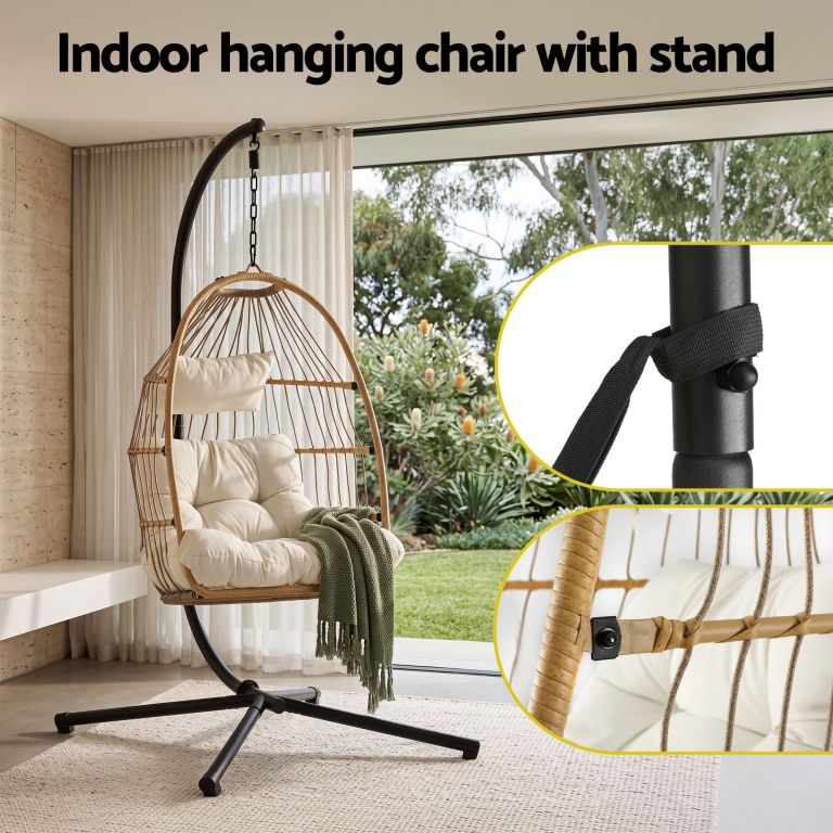 gardeon foldable outdoor swing chair with stand cushion rattan patio furniture