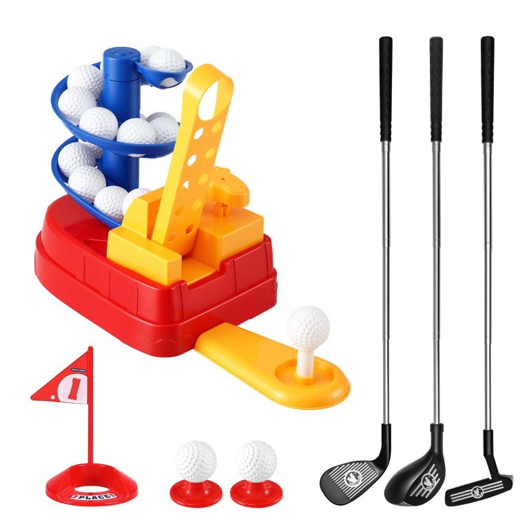keezi kids golf toy set with 20 balls & 3 adjustable clubs, foot pedal ball launcher portable training toy, indoor outdoor backyard sports game for ages 3 8 keezi kids golf toy set with 20 balls & 3 adjustable clubs, foot pedal ball launcher portable training toy, indoor outdoor backyard sports game for ages 3 8