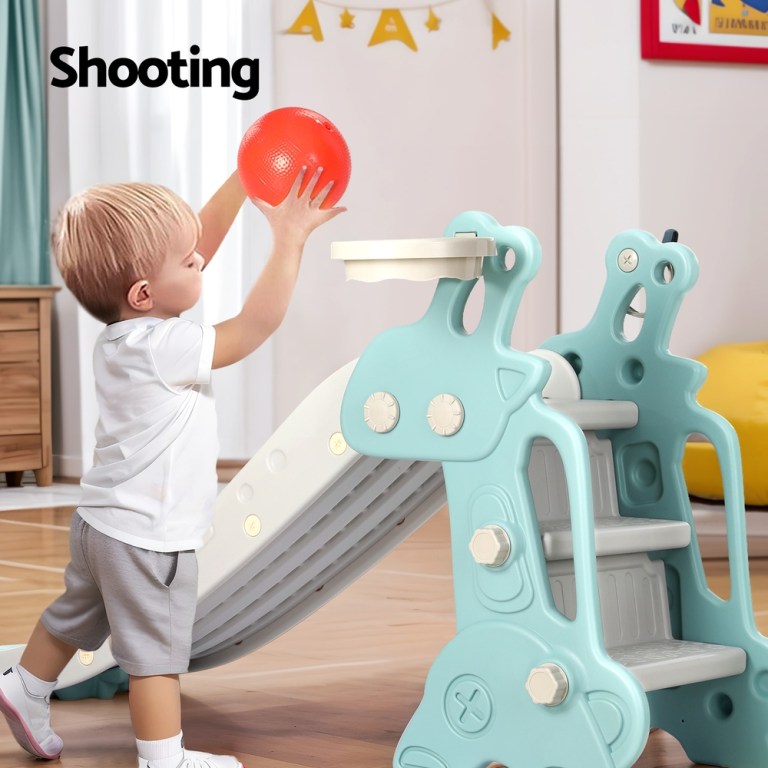 keezi kids slide set basketball hoop ring outdoor playground toy deer 140cm blue