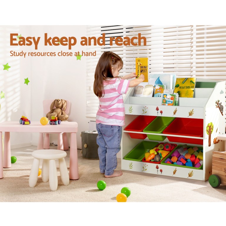 keezi 3 tiers kids bookshelf storage children bookcase toy box organiser rack 6 bins