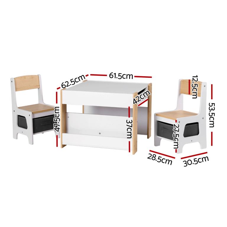 keezi kids table and chair set, 4 in 1 wooden activity table with bookcase, storage box and detachable blackboard, toddler table and 2 chairs set, natural
