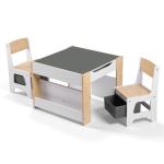 keezi kids table and chair set, 4 in 1 wooden activity table with bookcase, storage box and detachable blackboard, toddler table and 2 chairs set, natural