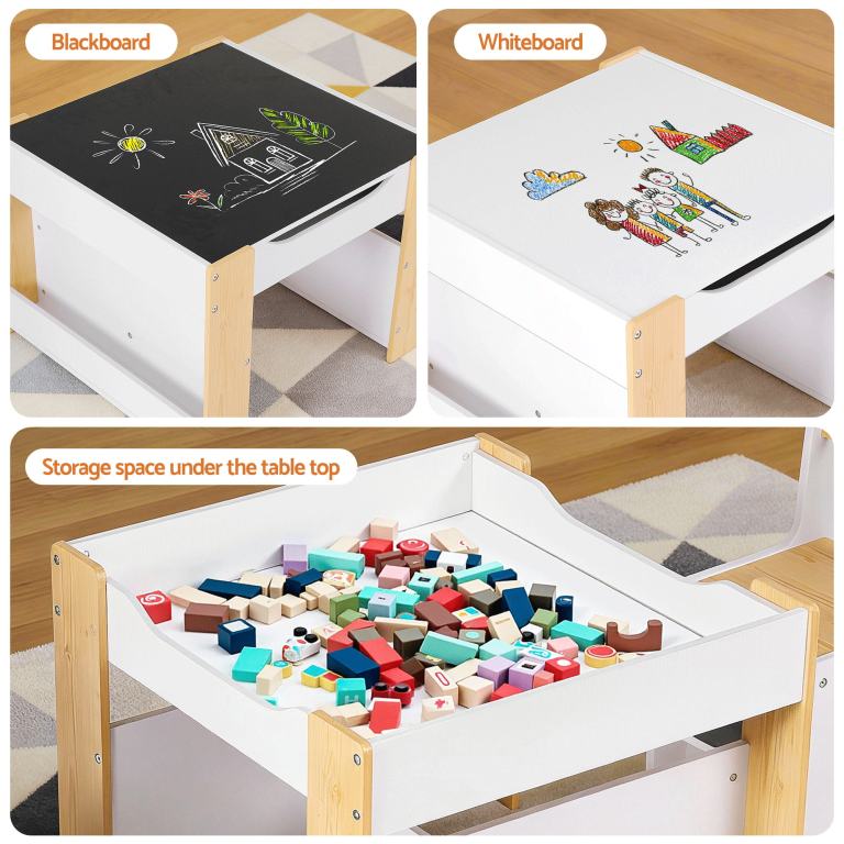 keezi kids table and chair set, 4 in 1 wooden activity table with bookcase, storage box and detachable blackboard, toddler table and 2 chairs set, natural