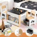 keezi kids table and chair set, 4 in 1 wooden activity table with bookcase, storage box and detachable blackboard, toddler table and 2 chairs set, natural
