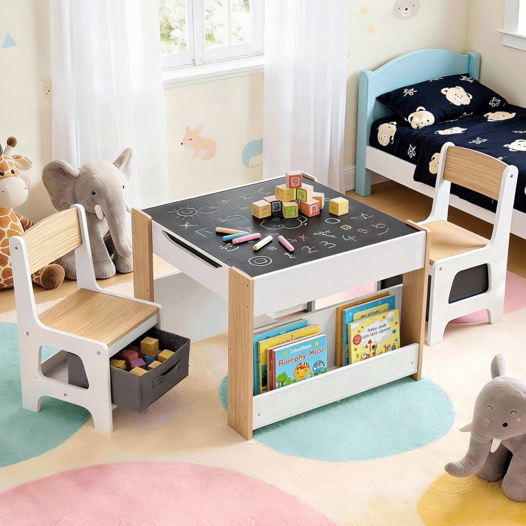 keezi kids table and chair set, 4 in 1 wooden activity table with bookcase, storage box and detachable blackboard, toddler table and 2 chairs set, natural