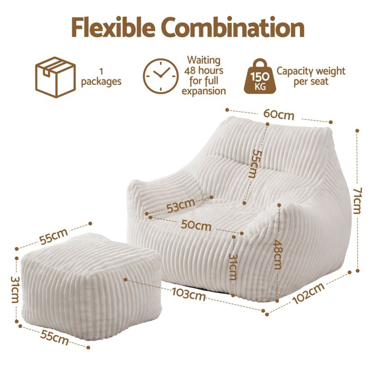 artiss bean bag sofa w/ottoman corduroy for adults teens white