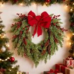 pine needle red berry wreath with heart bow pine needle red berry wreath with heart bow