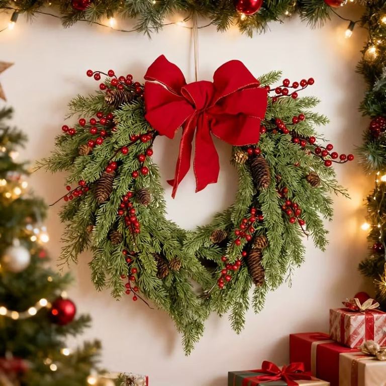 pine needle red berry wreath with heart bow pine needle red berry wreath with heart bow