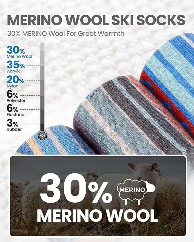 outdoormaster ski socks 4 pack merino wool, over the calf non slip cuff for men & women