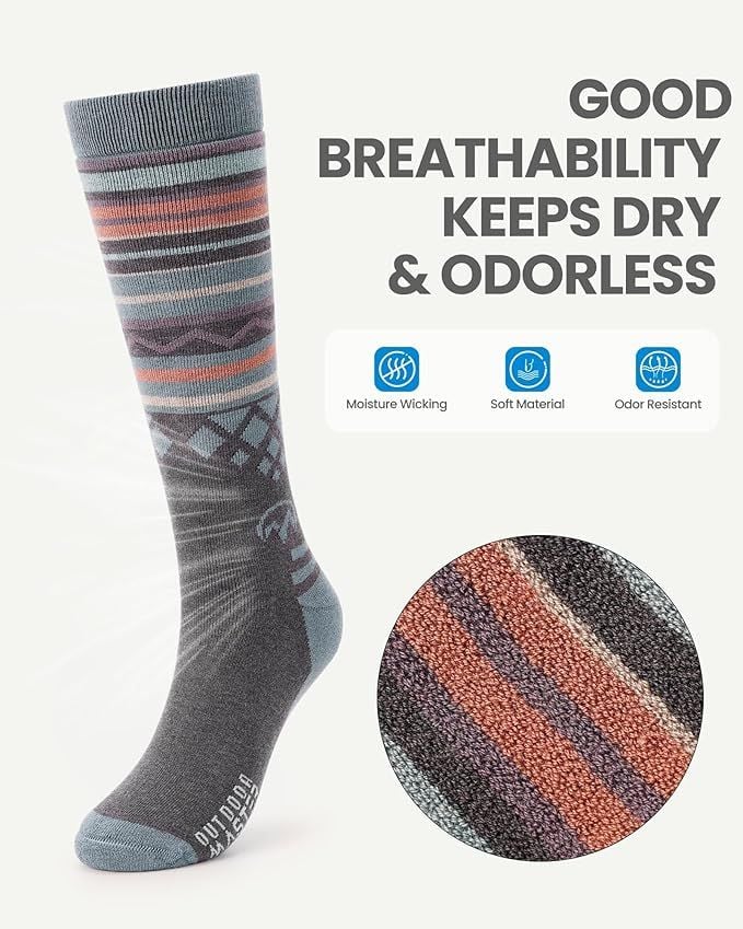 outdoormaster ski socks 4 pack merino wool, over the calf non slip cuff for men & women