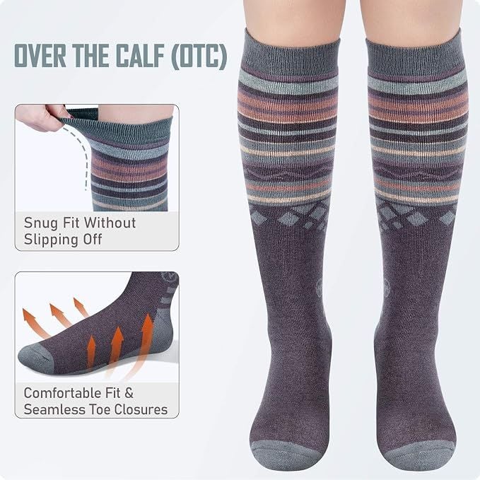 outdoormaster ski socks 4 pack merino wool, over the calf non slip cuff for men & women