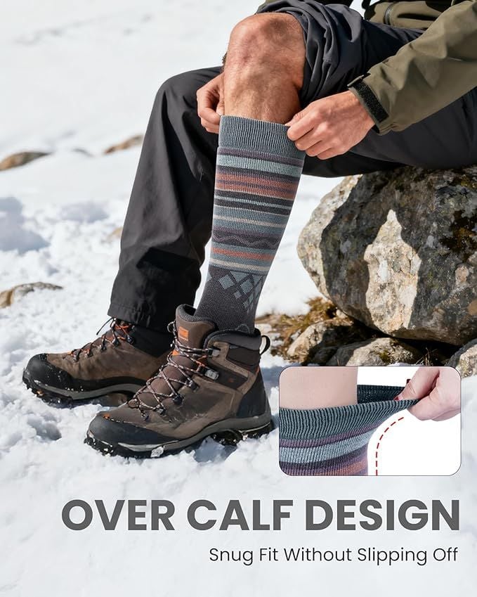 outdoormaster ski socks 4 pack merino wool, over the calf non slip cuff for men & women
