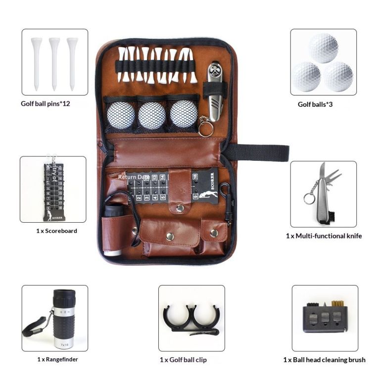 golf gifts for men and women, golf accessories set with hi end case, golf balls, rangefinder, golf tees, brush, multifunctional divot knife, scorer, golf ball clamp
