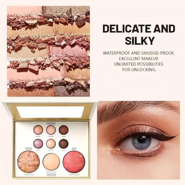 3pcs baking makeup palette includes brush, facial powder, powder blusher eye shadow, multi product palette for eyelid brightening & face contouring, for daily use or dating