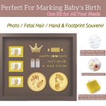 baby hand and footprint kit with 3 photo slots, golden ink pad & number/letter stickers, non toxic newborn gift set for baby shower, nursery decor, keepsake memory frame
