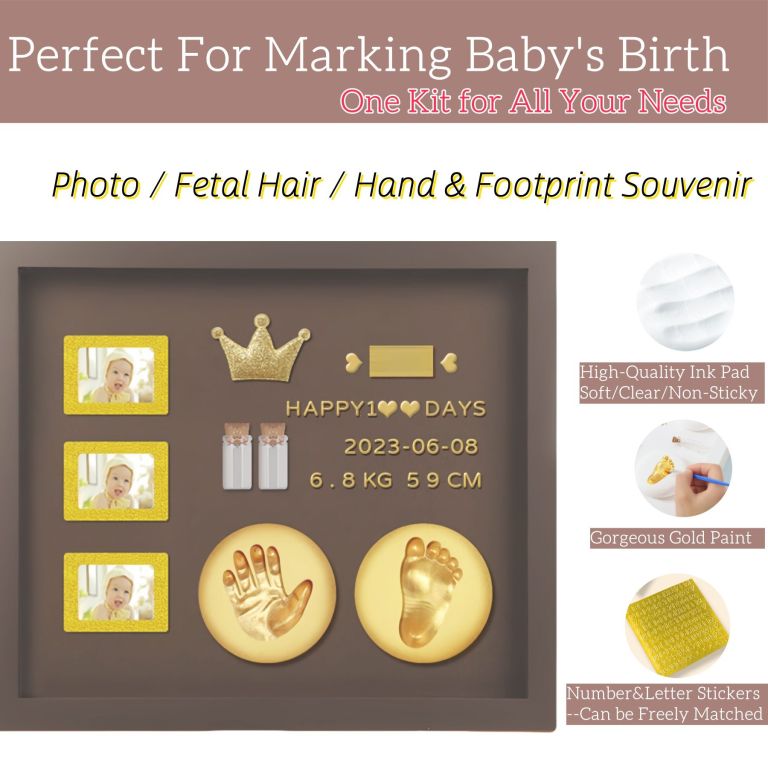 baby hand and footprint kit with 3 photo slots, golden ink pad & number/letter stickers, non toxic newborn gift set for baby shower, nursery decor, keepsake memory frame