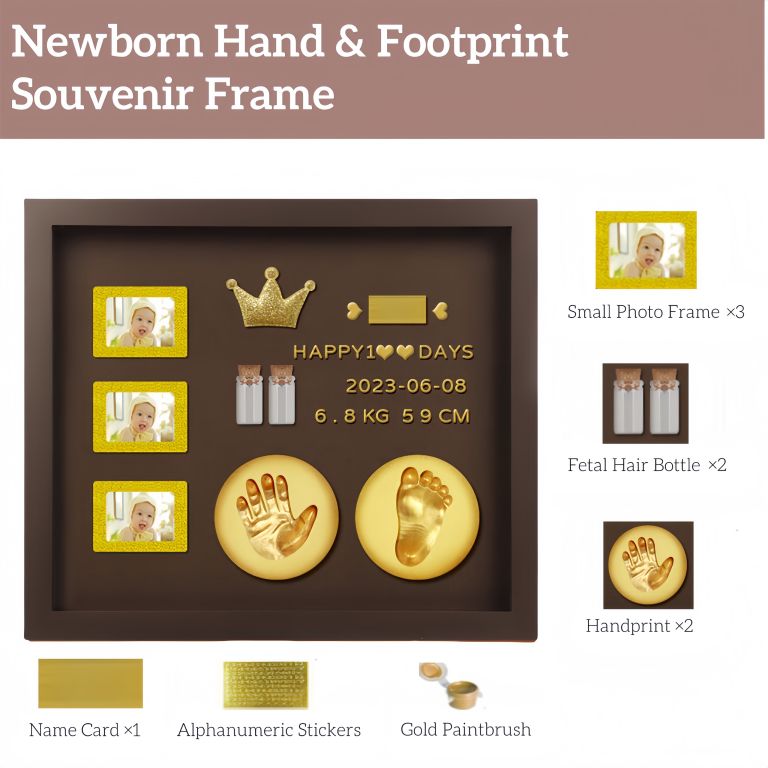 baby hand and footprint kit with 3 photo slots, golden ink pad & number/letter stickers, non toxic newborn gift set for baby shower, nursery decor, keepsake memory frame