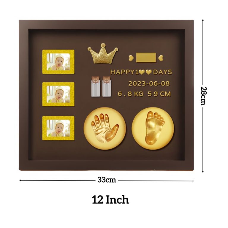 baby hand and footprint kit with 3 photo slots, golden ink pad & number/letter stickers, non toxic newborn gift set for baby shower, nursery decor, keepsake memory frame