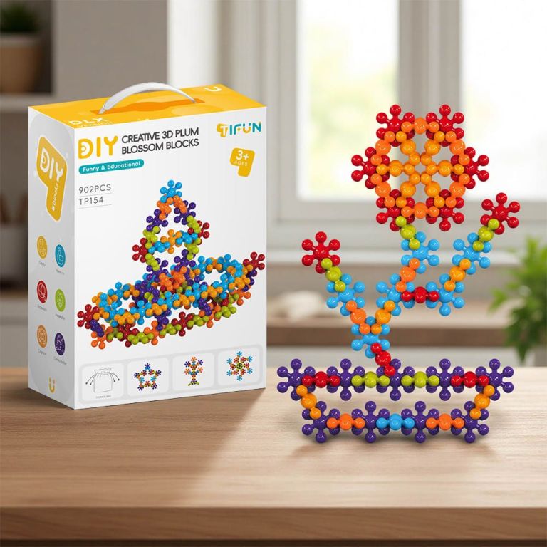 3d plum blossom building blocks for kids – diy creative puzzle toy for ages 3+ with 112, 302, or 902 pieces, safe plastic, reusable storage bag, and idea guide for endless fun (112pcs)