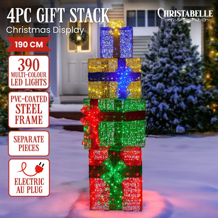 christabelle 190cm 4 piece gift stack box christmas decor bows led lights xmas christabelle 190cm 4 piece gift stack box christmas decor bows led lights xmas