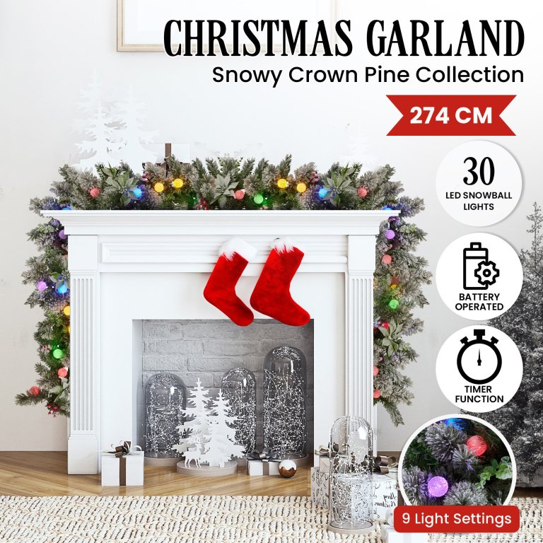 swishmas 274cm snowy crown pine pre lit multicolour christmas garland