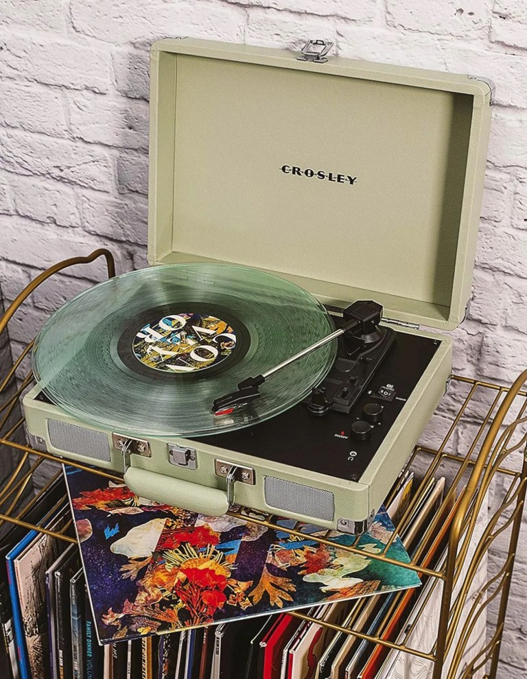 crosley cruiser bluetooth portable turntable mint + bundled crosley record storage display stand