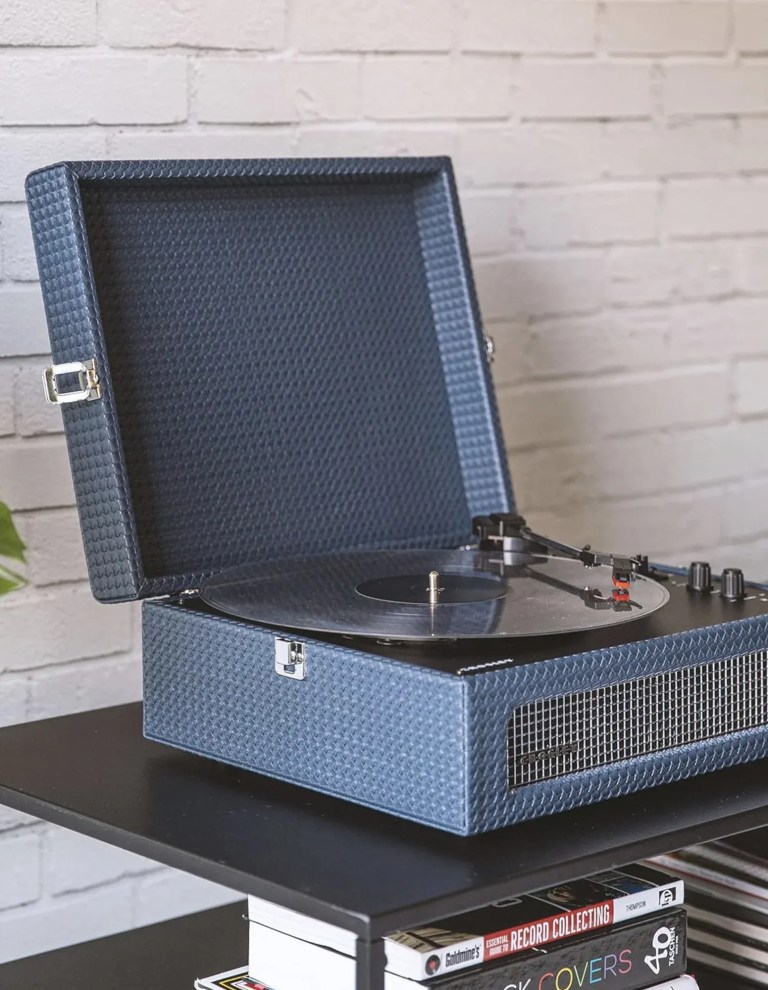 crosley voyager bluetooth portable turntable + bundled crosley record storage display stand navy