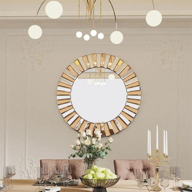 p&p silver and tawny round sunburst mirror with beveled glass, decorative wall accent