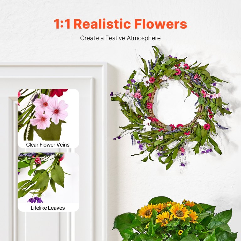 artificial decorative wreath 55.88 cm pink green with daisies year round