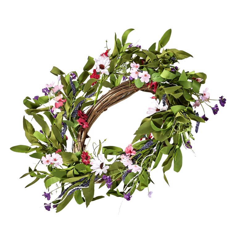 artificial decorative wreath 55.88 cm pink green with daisies year round