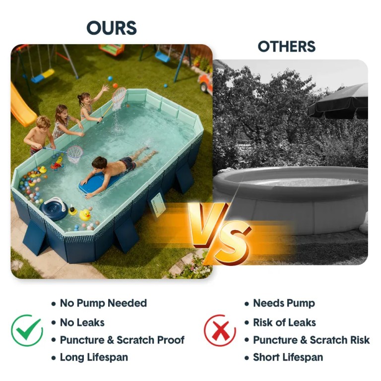 2.6m foldable pool pvc non inflatable large rectangle pool holding up to 6 people hard thickened paddling pool easy collapsible and drainage 260×165×55cm