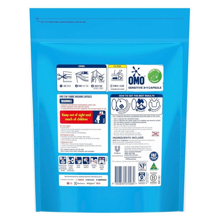 omo 3in1 sensitive fragrance free x 60 laundry capsules